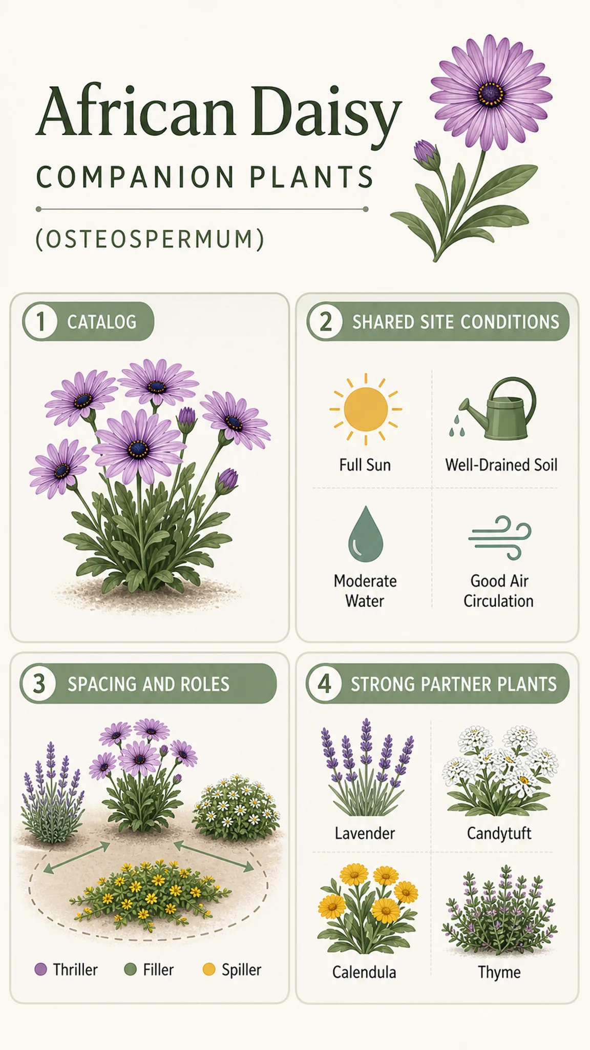 African Daisy Companion Plants care summary diagram