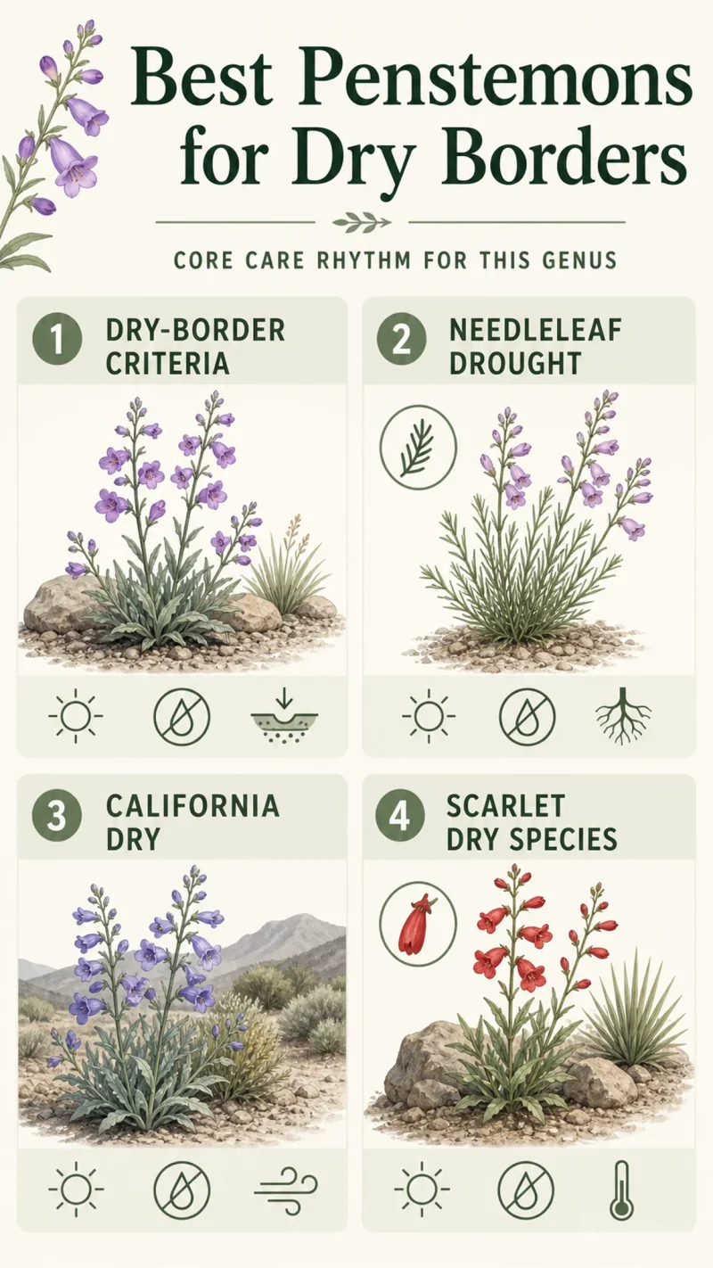Best Penstemons for Dry Borders care summary diagram