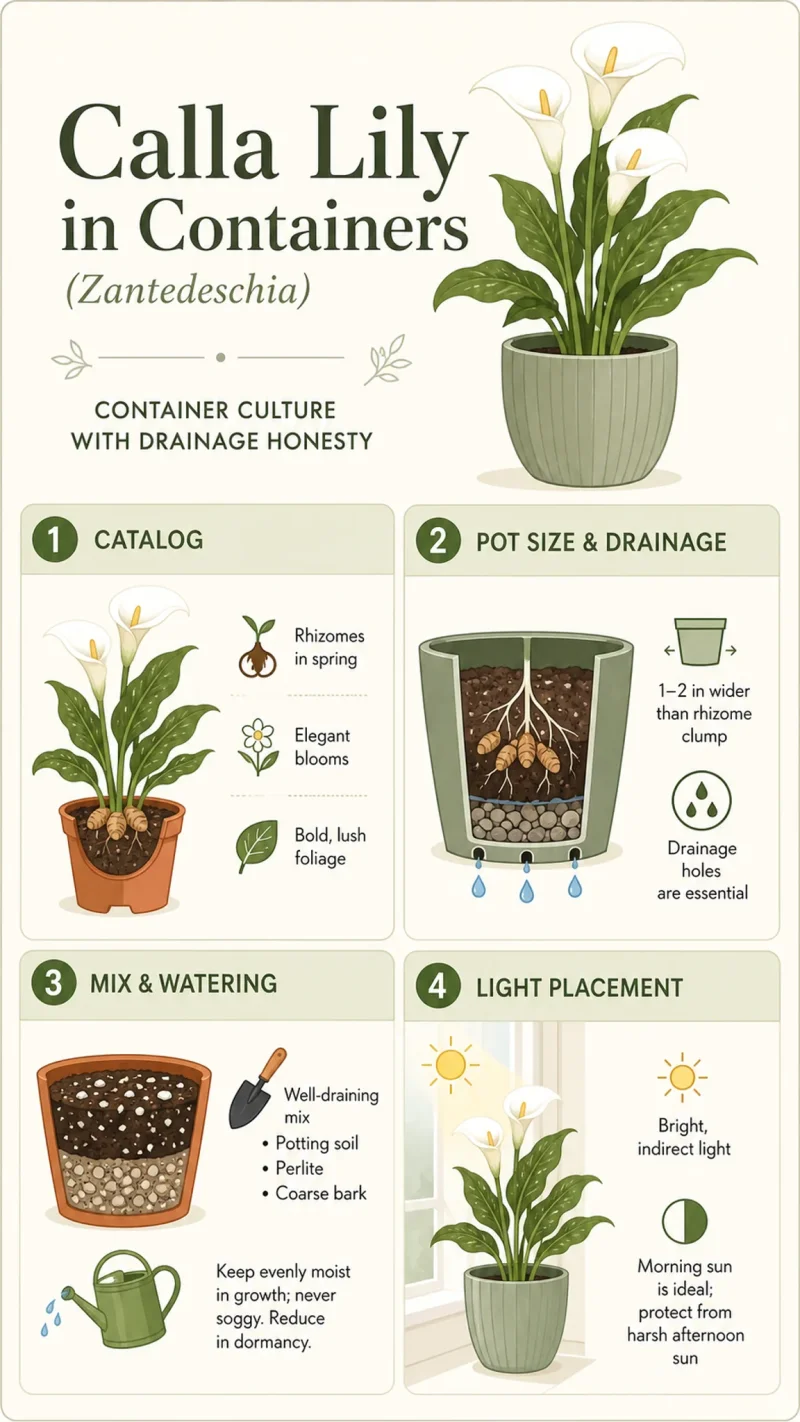 Calla Lily in Containers care summary diagram
