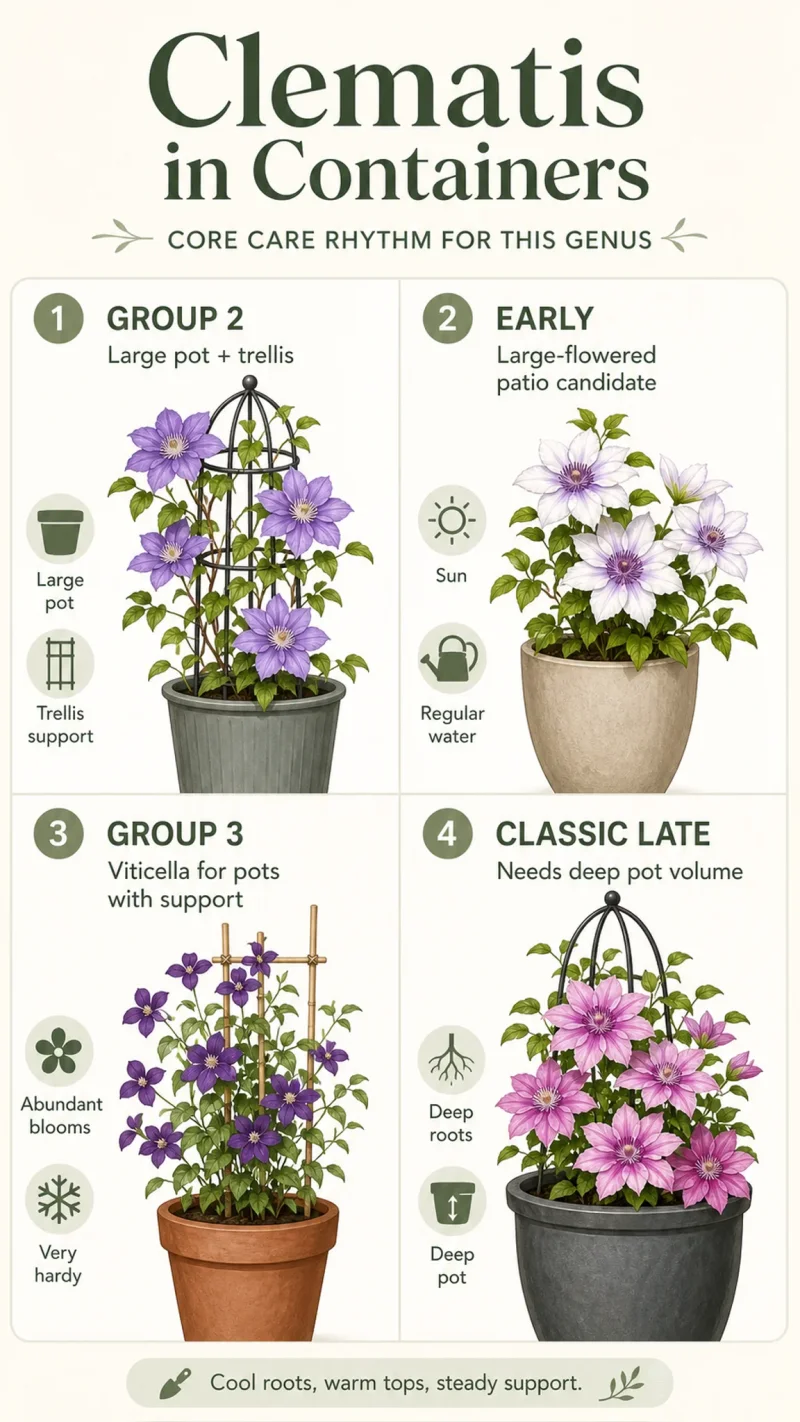 Clematis in Containers care summary diagram
