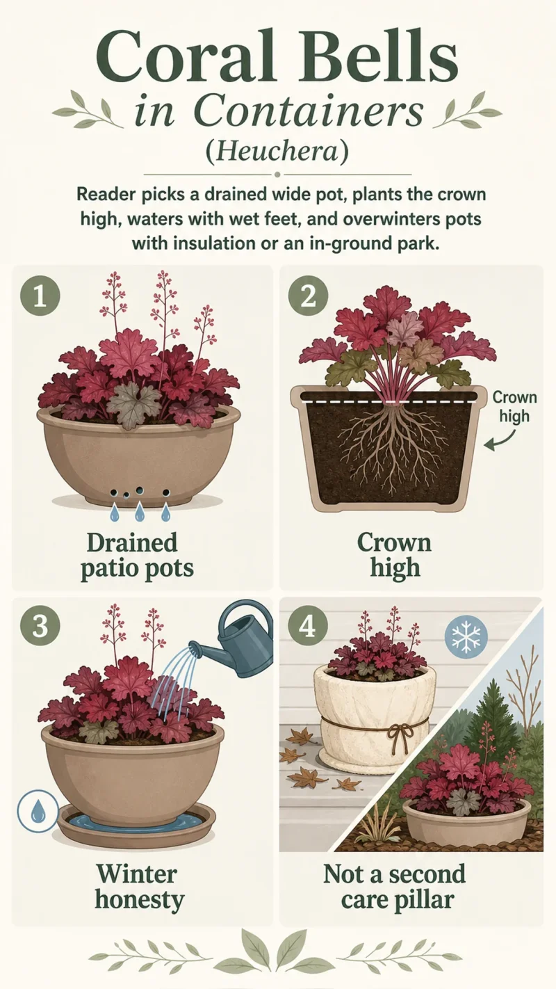 Coral Bells in Containers care summary diagram