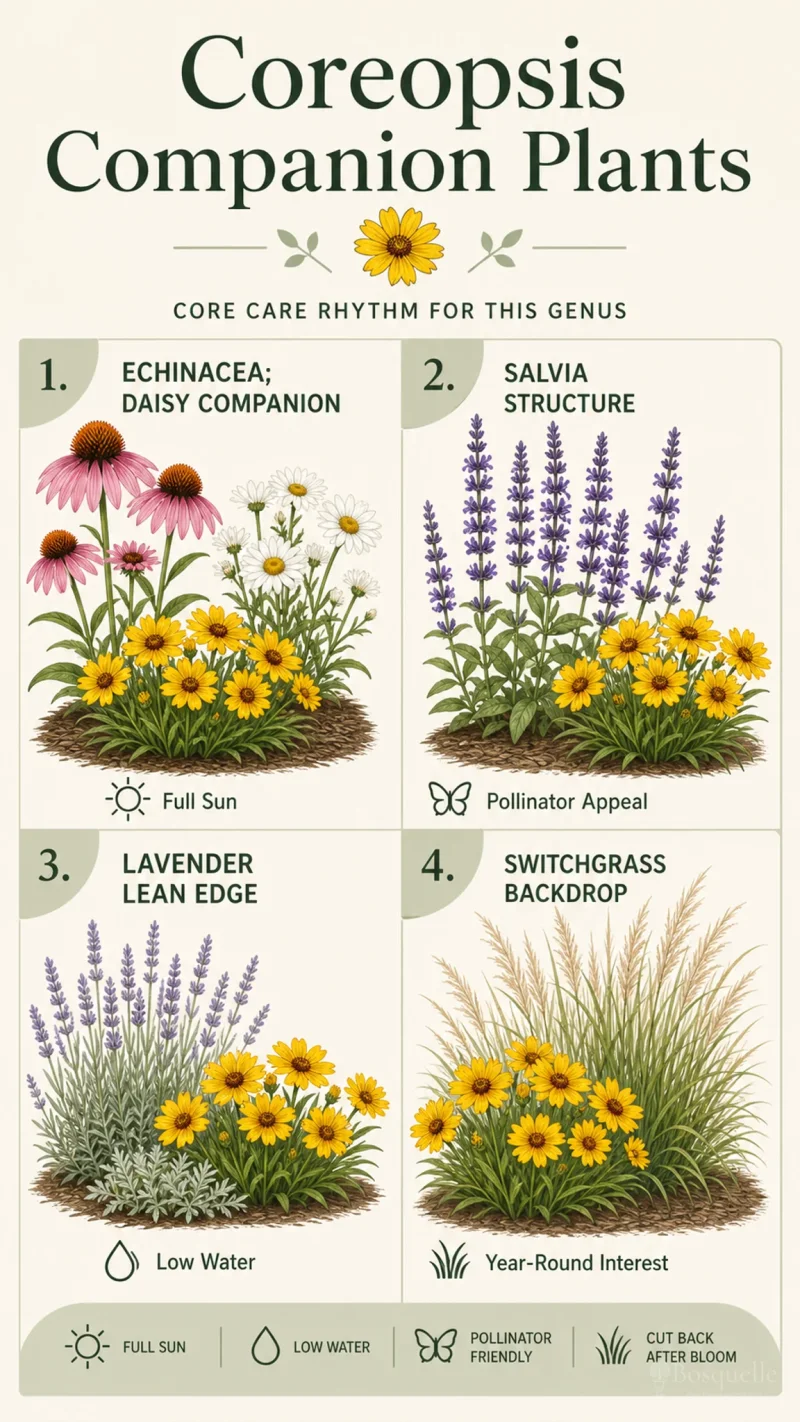 Coreopsis Companion Plants care summary diagram