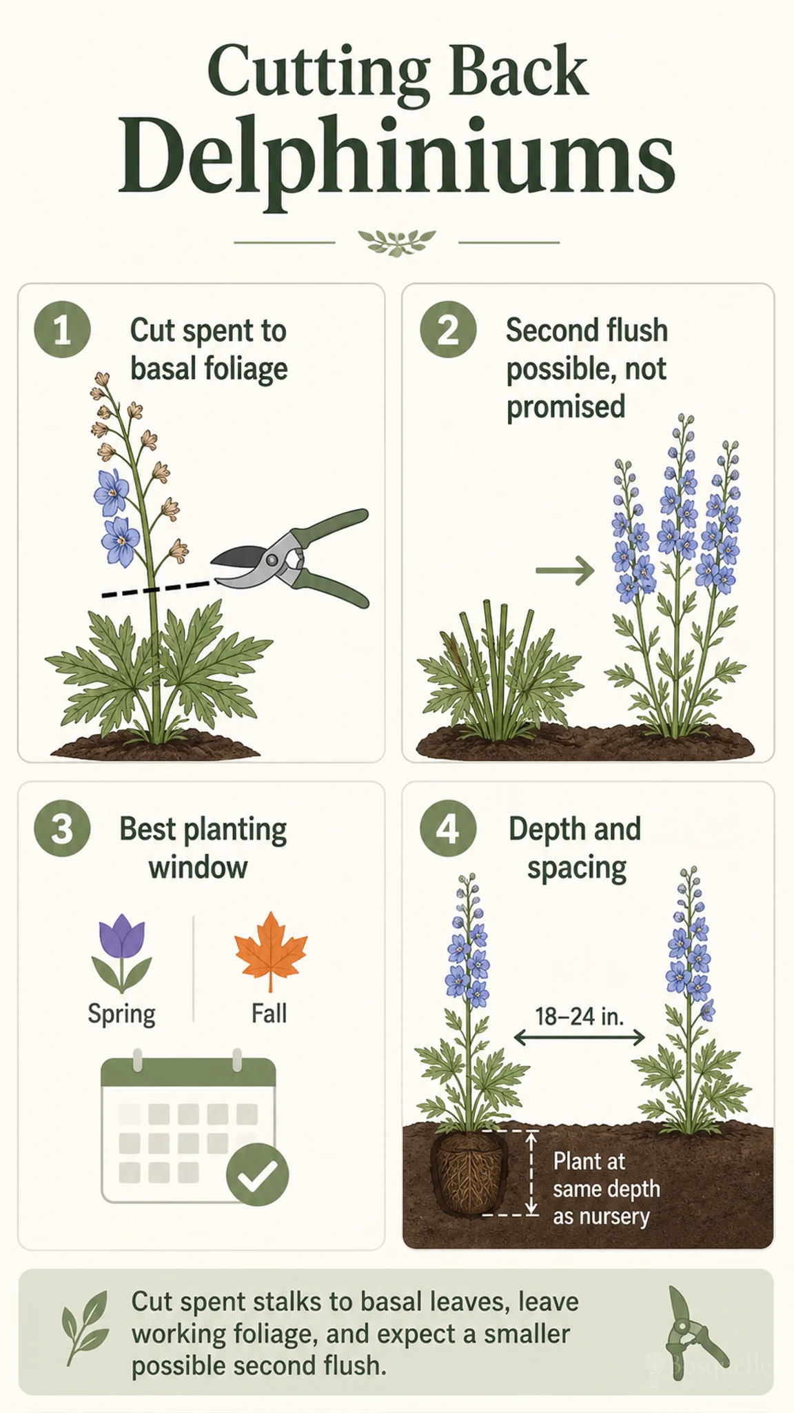 Cutting Back Delphiniums care summary diagram