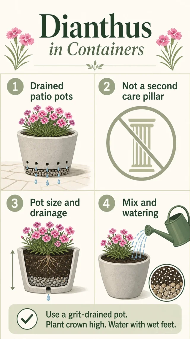 Dianthus in Containers care summary diagram