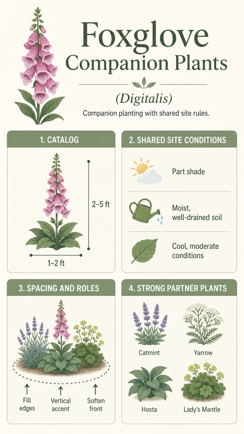 Foxglove Companion Plants care summary diagram