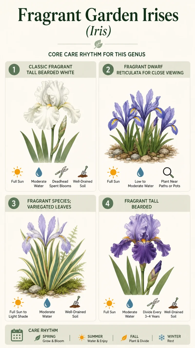 Fragrant Garden Irises care summary diagram