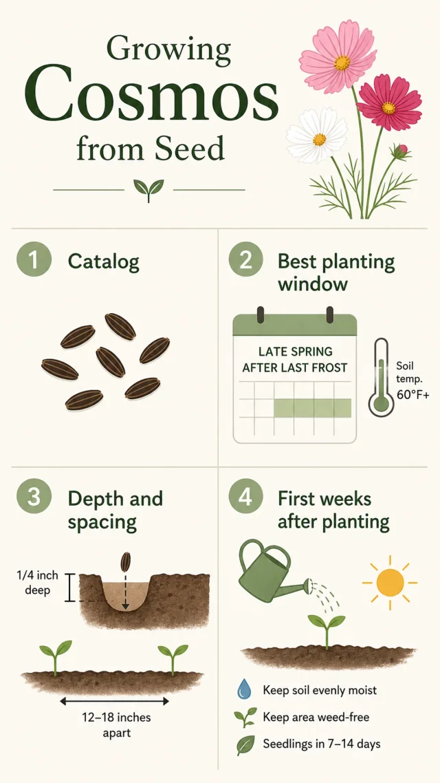 Growing Cosmos from Seed care summary diagram