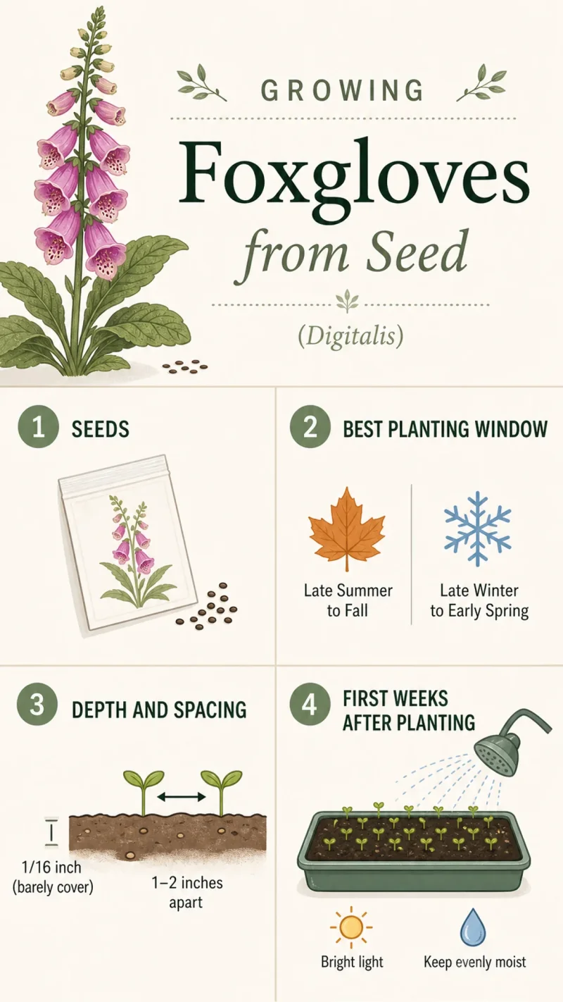 Growing Foxgloves from Seed care summary diagram