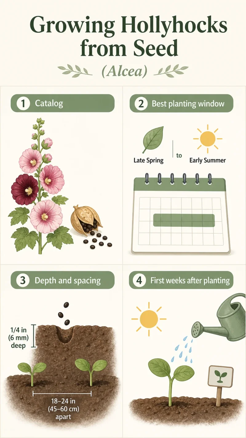 Growing Hollyhocks from Seed care summary diagram