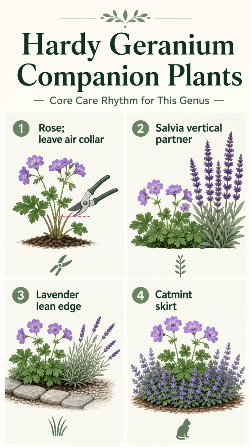 Hardy Geranium Companion Plants care summary diagram