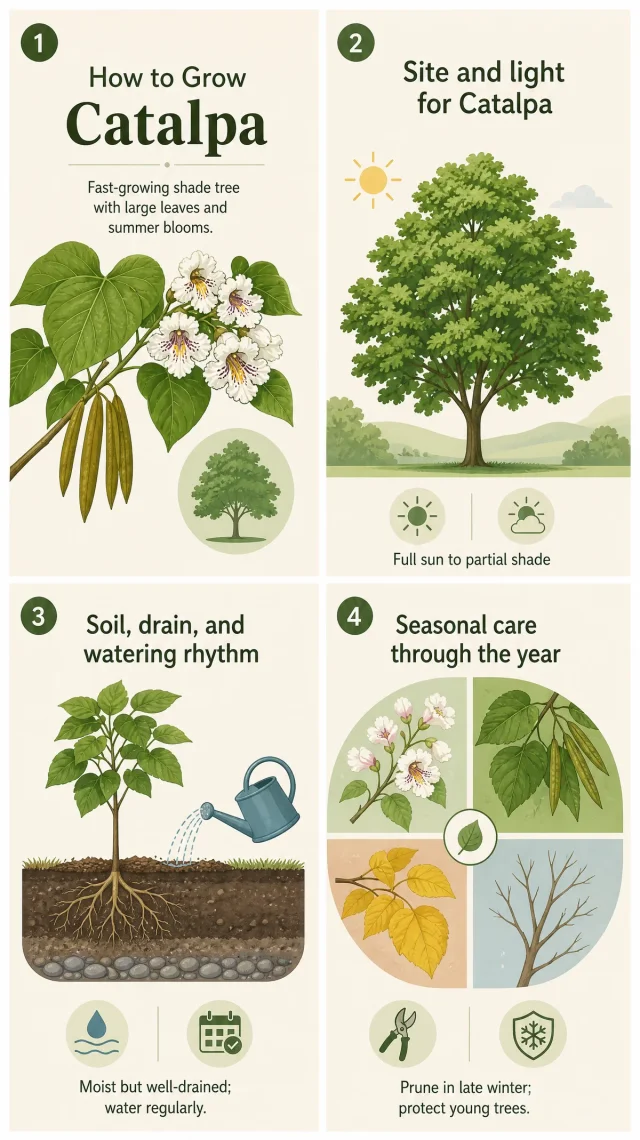 How to Grow Catalpa care summary diagram