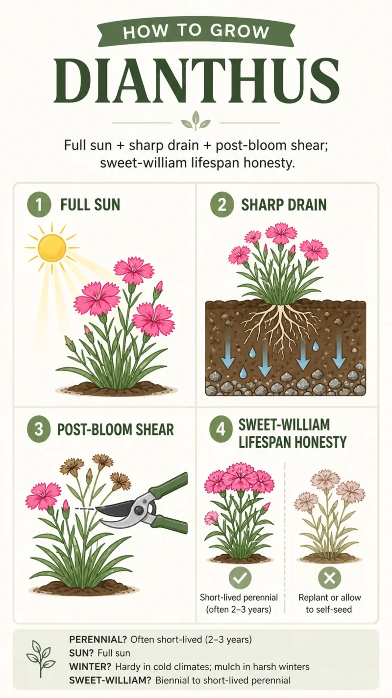 How to Grow Dianthus care summary diagram