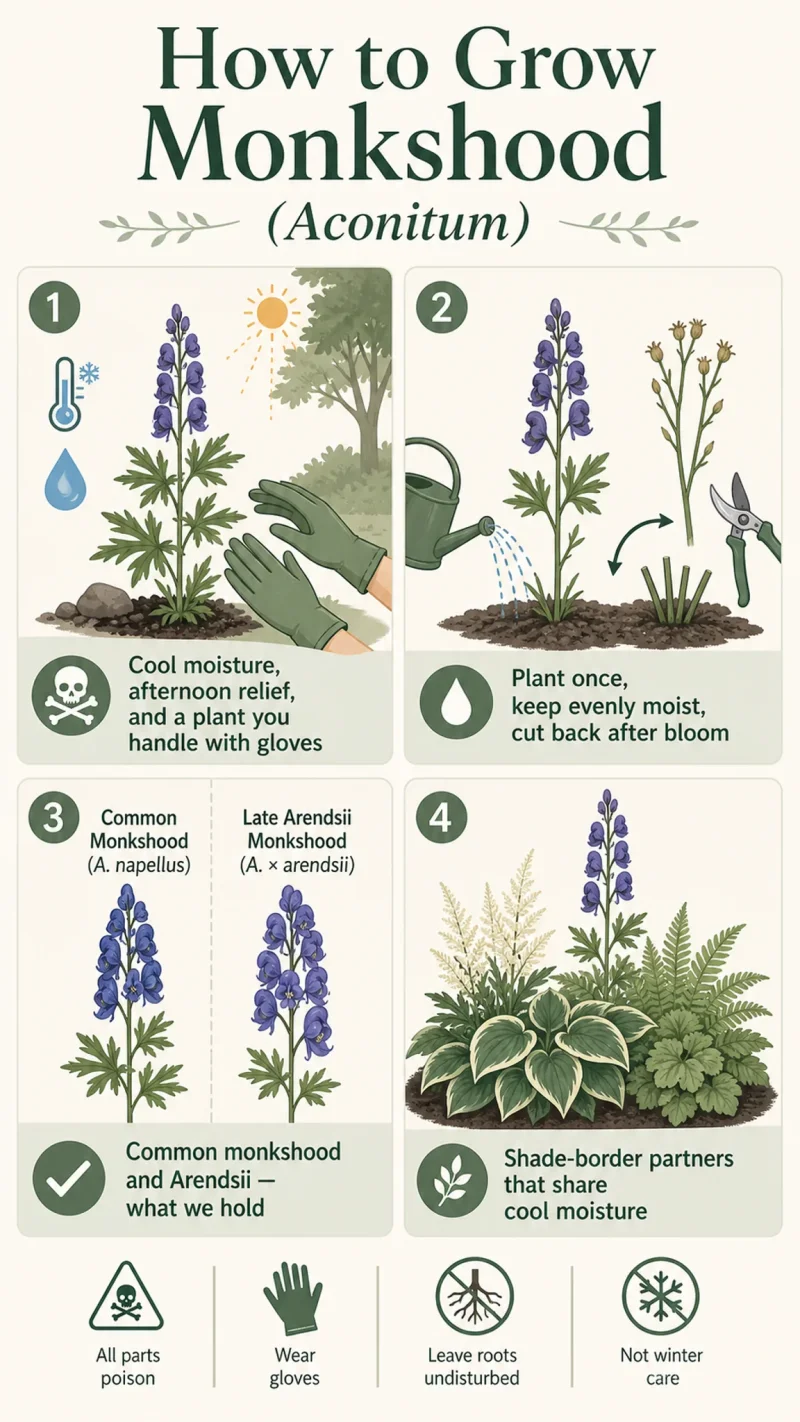 How to Grow Monkshood care summary diagram