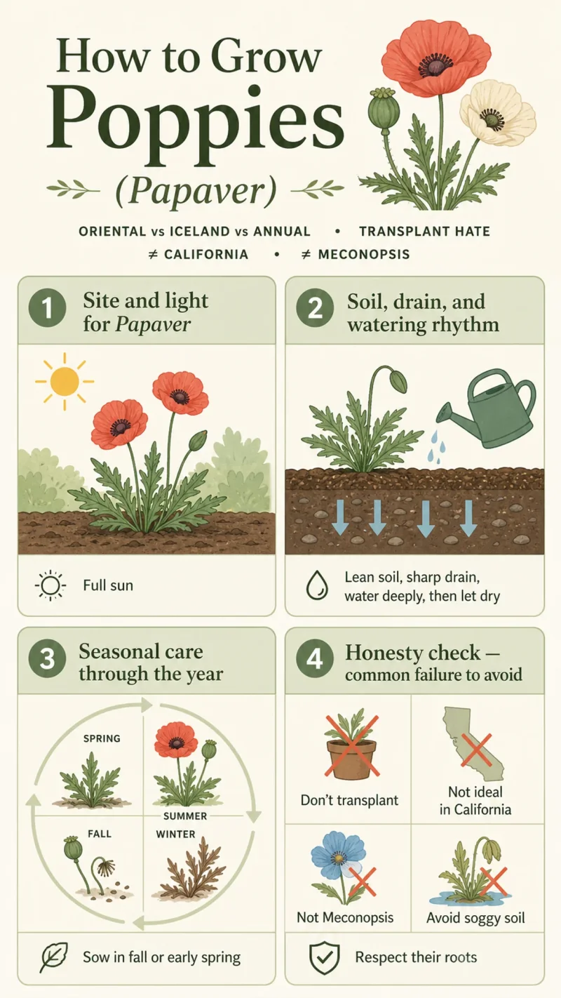 How to Grow Poppies care summary diagram