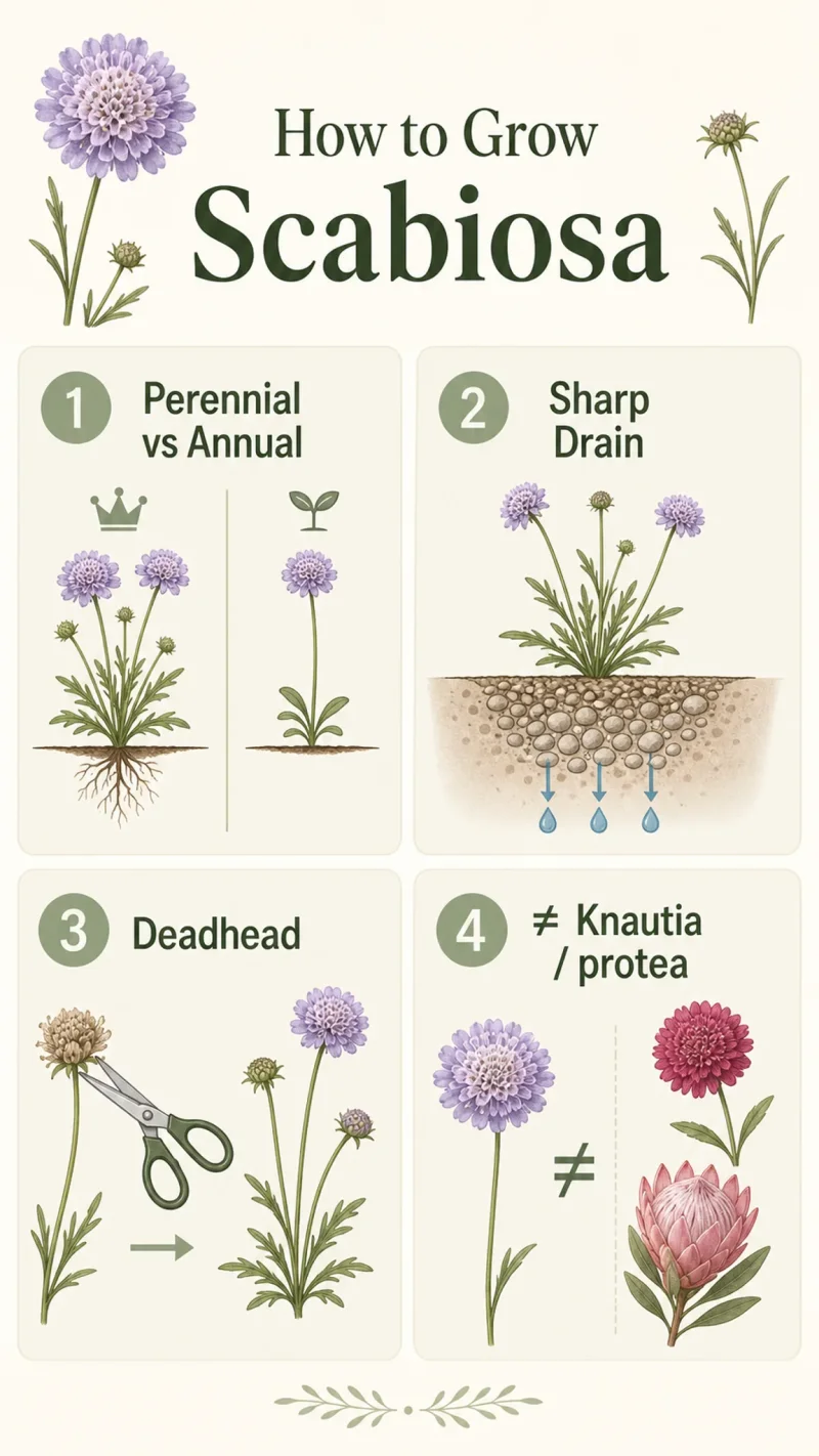 How to Grow Scabiosa care summary diagram