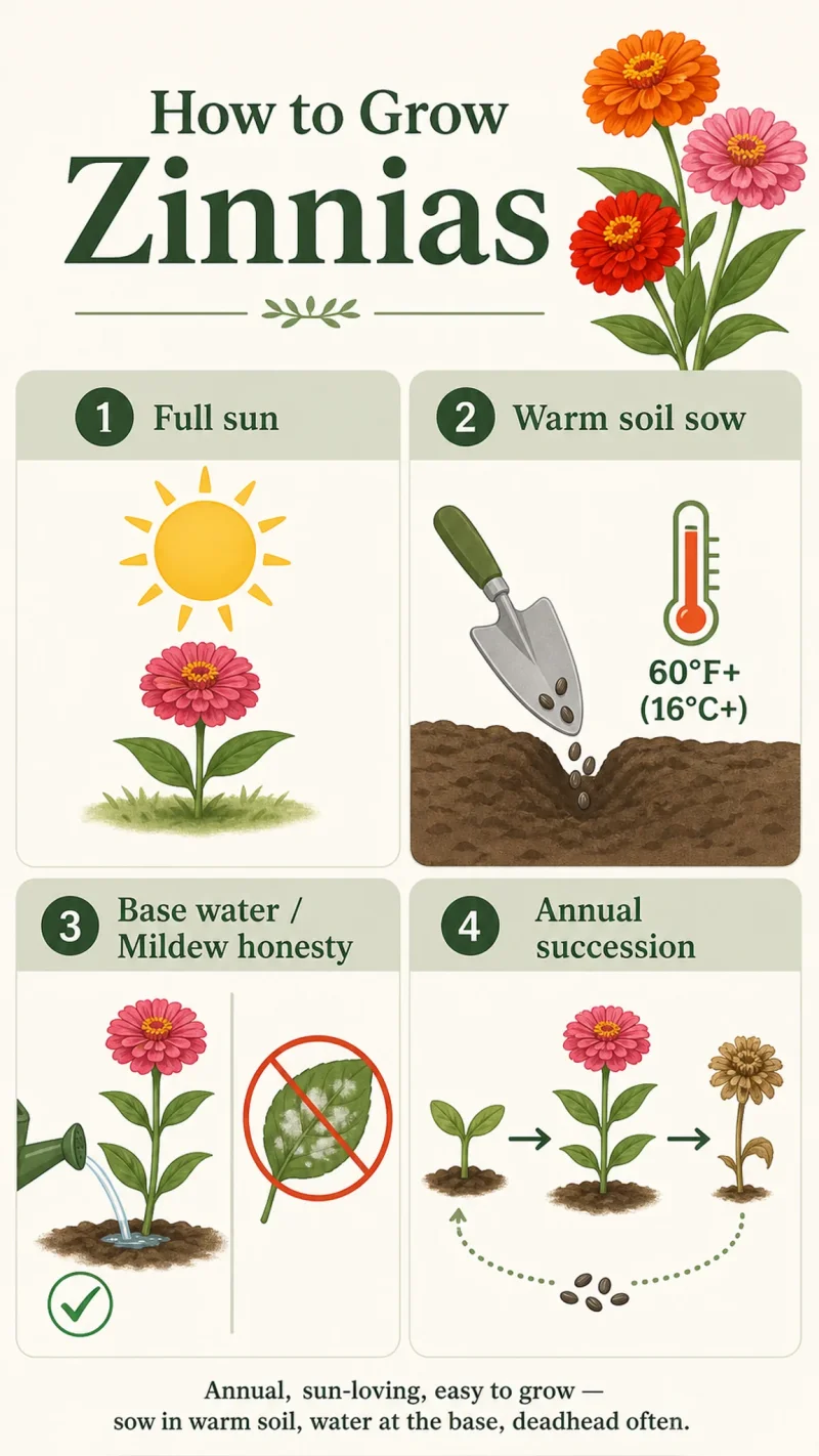 How to Grow Zinnias care summary diagram
