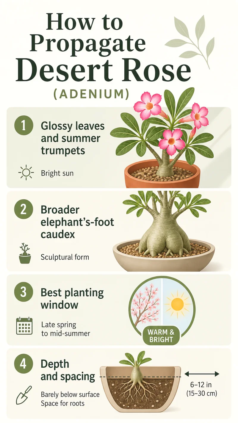 How to Propagate Desert Rose care summary diagram