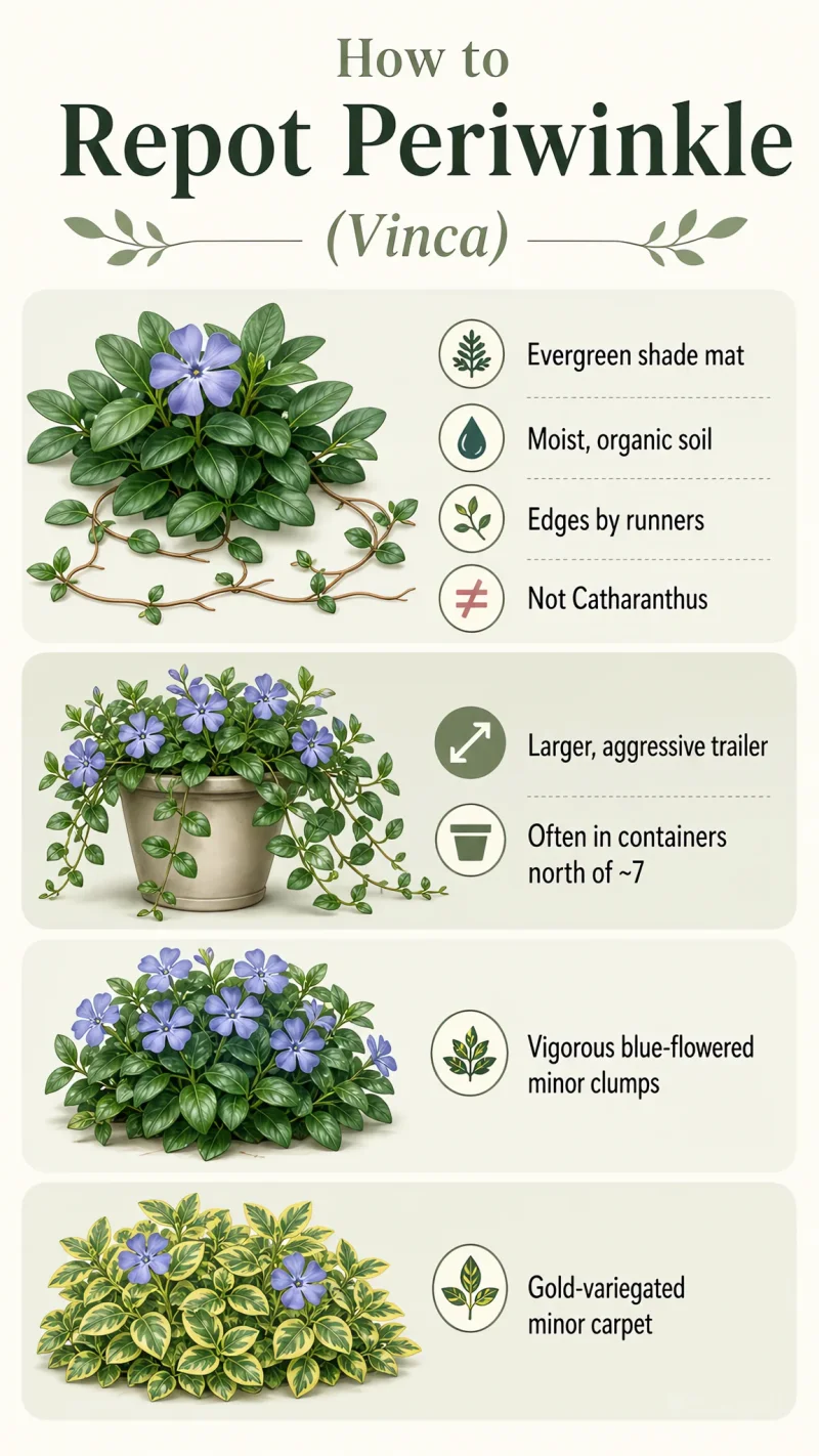 How to Repot Periwinkle care summary diagram