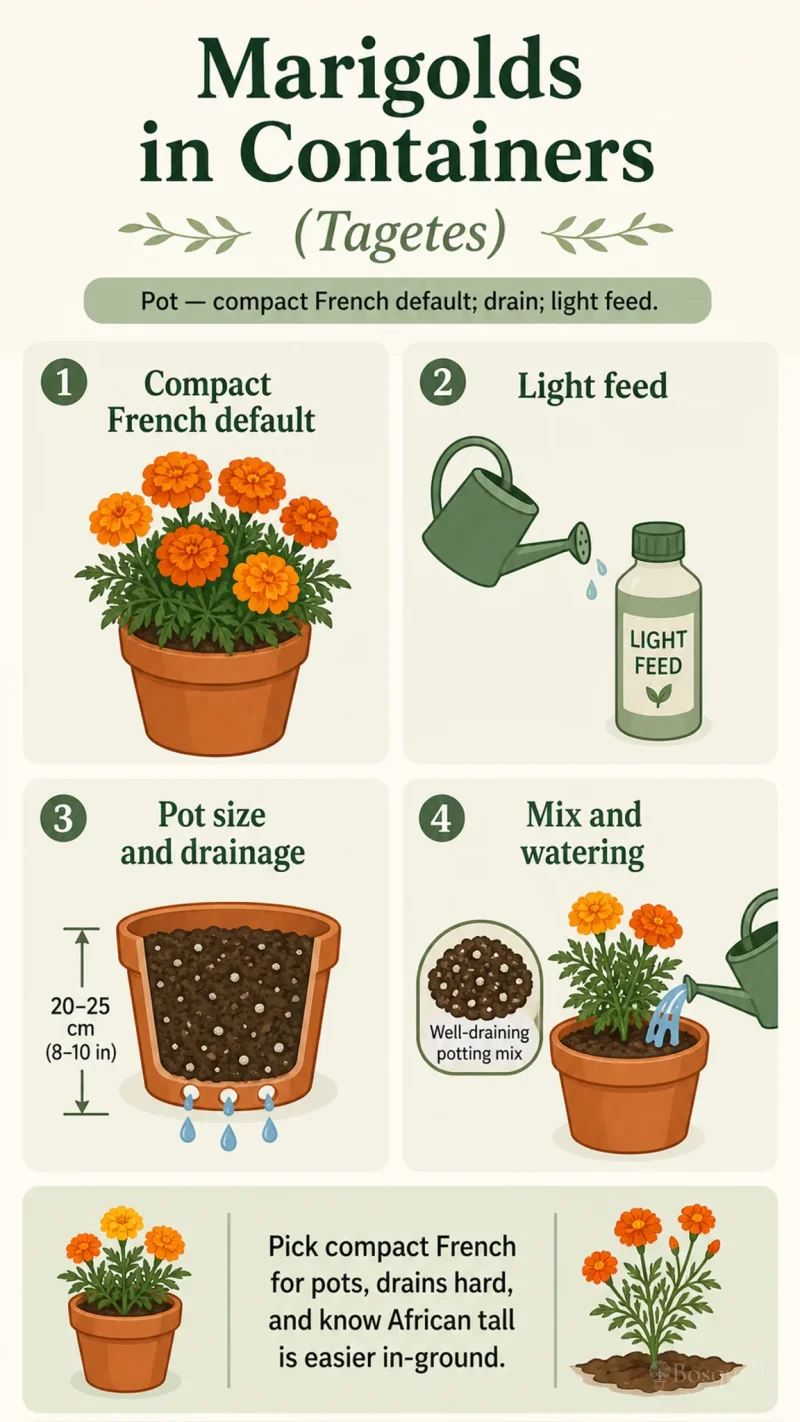 Marigolds in Containers care summary diagram