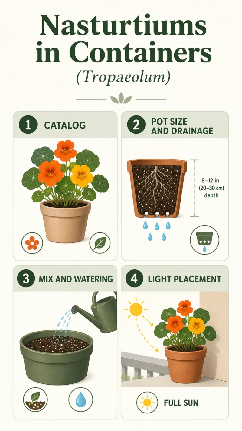 Nasturtiums in Containers care summary diagram