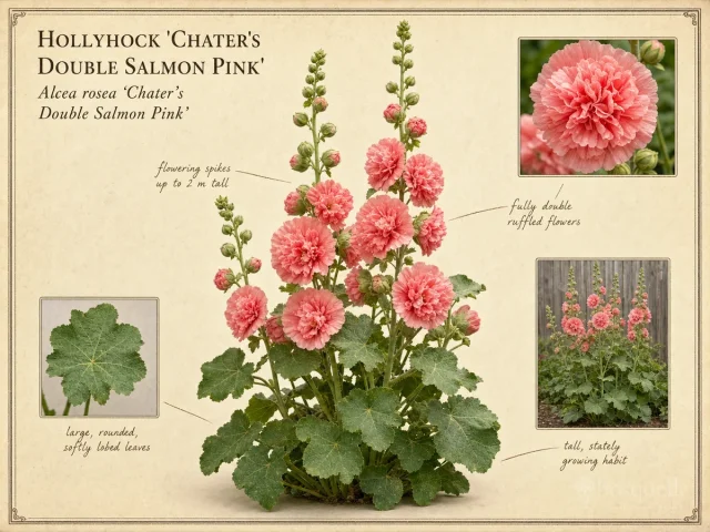 Hollyhock ‘Chater’s Double Salmon Pink’ (Alcea rosea ‘Chater’s Double Salmon Pink’)