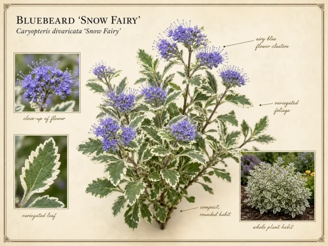 Bluebeard ‘Snow Fairy’ (Caryopteris divaricata ‘Snow Fairy’)