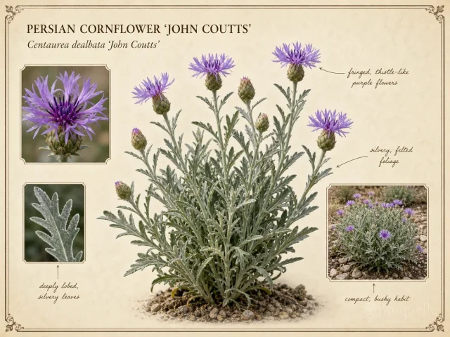 Persian Cornflower 'John Coutts' — Water, the saucer, and a perennial clump
