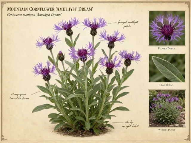 Mountain Cornflower 'Amethyst Dream' — Water, the saucer, and a perennial clump