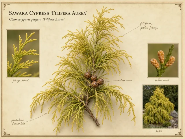 Sawara Cypress ‘Filifera Aurea’ (Chamaecyparis pisifera ‘Filifera Aurea’)