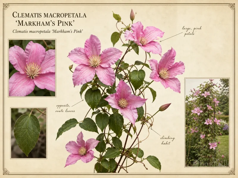 Clematis macropetala ‘Markham’s Pink’ (Clematis ‘Markham’s Pink’)