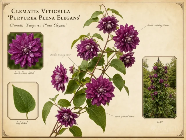 Clematis Viticella ‘Purpurea Plena Elegans’ (Clematis ‘Purpurea Plena Elegans’)