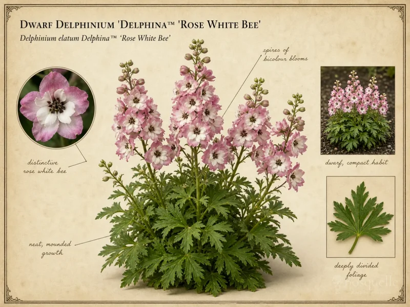 Dwarf Delphinium 'Delphina™ 'Rose White Bee' botanical diagram