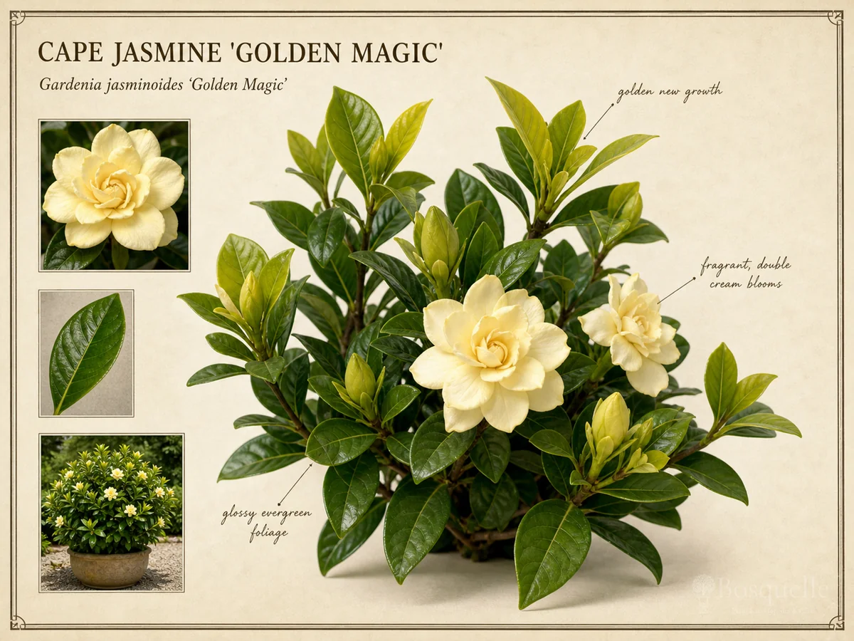 Cape Jasmine 'Golden Magic' botanical diagram