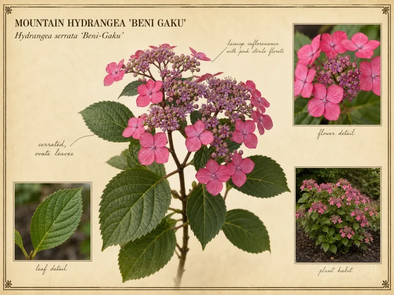 Mountain Hydrangea 'Beni Gaku' botanical diagram