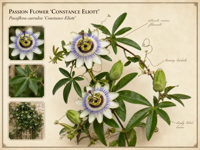 Passion Flower ‘Constance Eliott’ (Passiflora caerulea ‘Constance Eliott’)