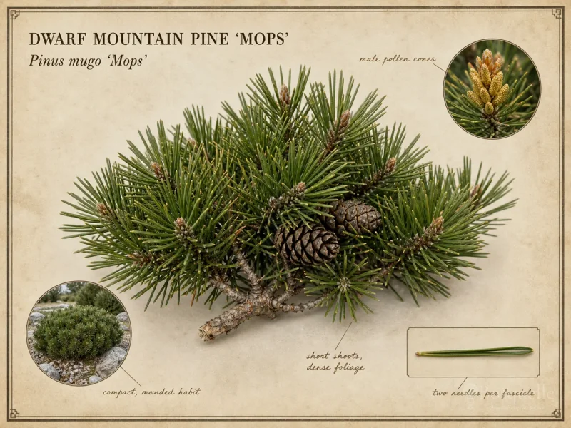 Dwarf Mountain Pine 'Mops' — Full sun, drained ground, and named dwarf size