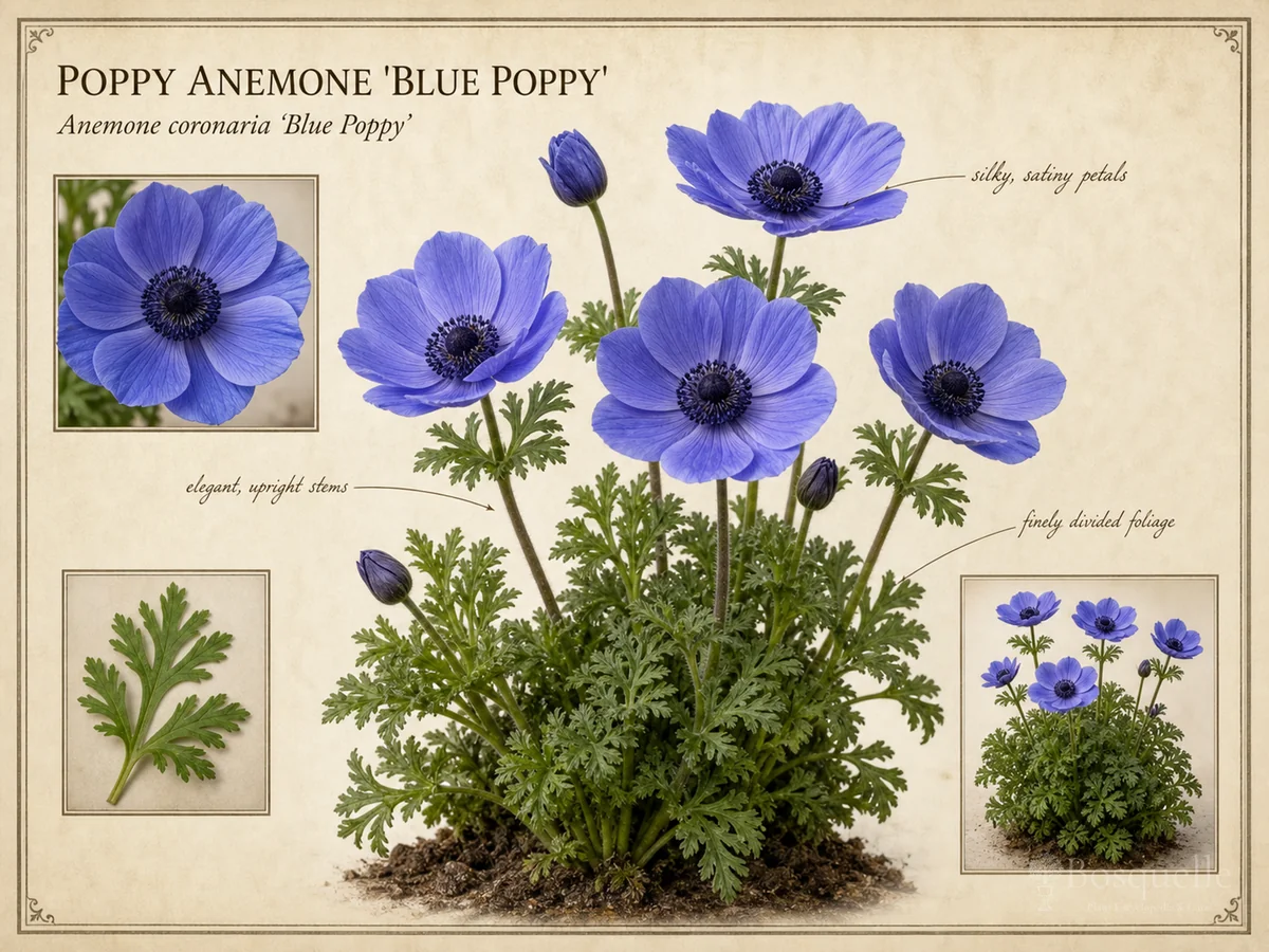 Poppy Anemone 'Blue Poppy' botanical diagram