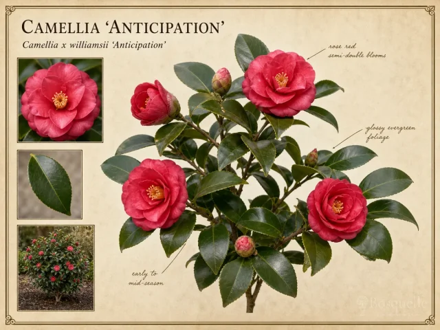 Camellia ‘Anticipation’ (Camellia x williamsii ‘Anticipation’)