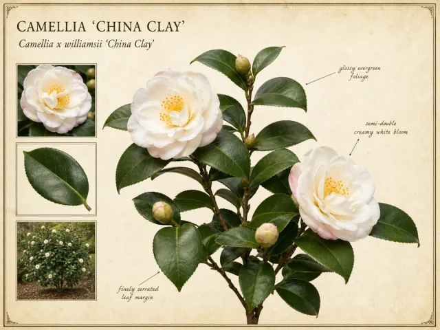 Camellia ‘China Clay’ (Camellia x williamsii ‘China Clay’)