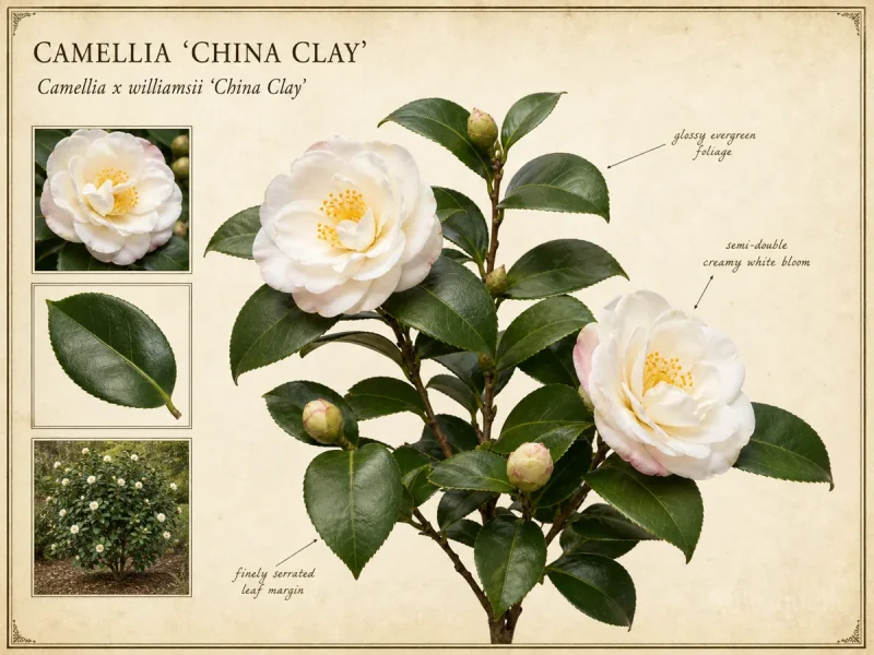 Camellia ‘China Clay’ (Camellia x williamsii ‘China Clay’)