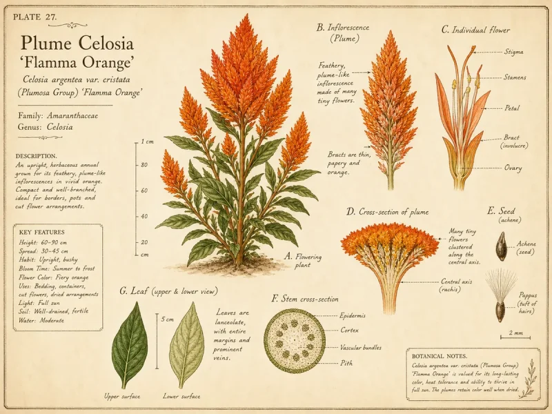 Plume Celosia ‘Flamma Orange’ (Celosia argentea var. cristata (Plumosa Group) ‘Flamma Orange’)