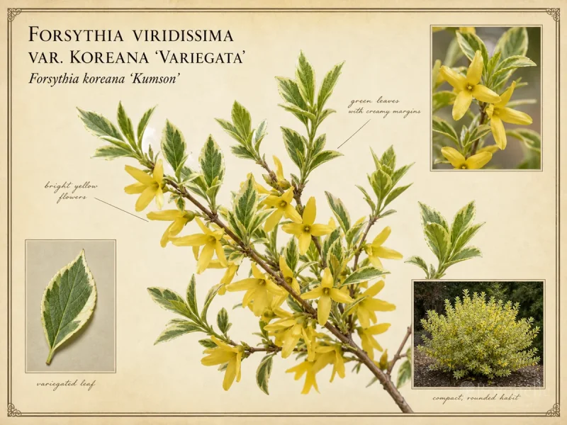 Forsythia viridissima var. koreana ‘Variegata’ (Forsythia koreana ‘Kumson’)