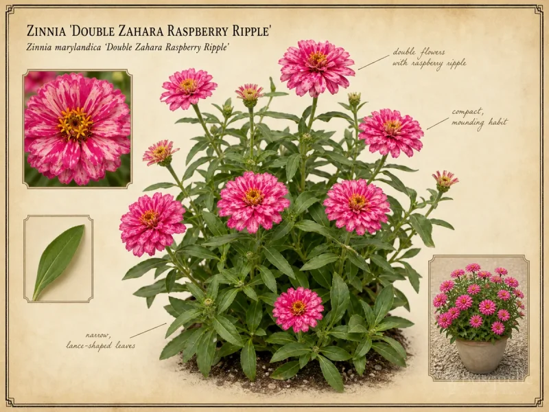 Zinnia ‘Double Zahara Raspberry Ripple’ (Zinnia marylandica ‘Double Zahara Raspberry Ripple’)