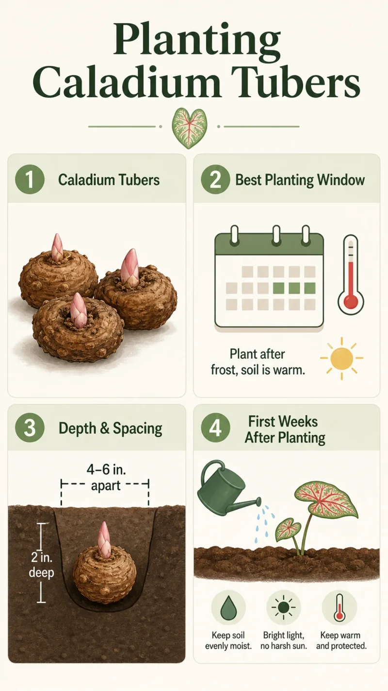 Planting Caladium Tubers care summary diagram