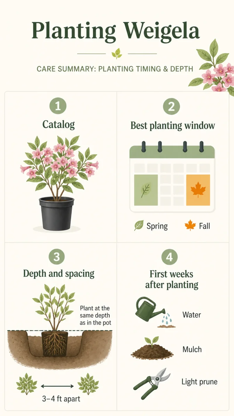 Planting Weigela care summary diagram
