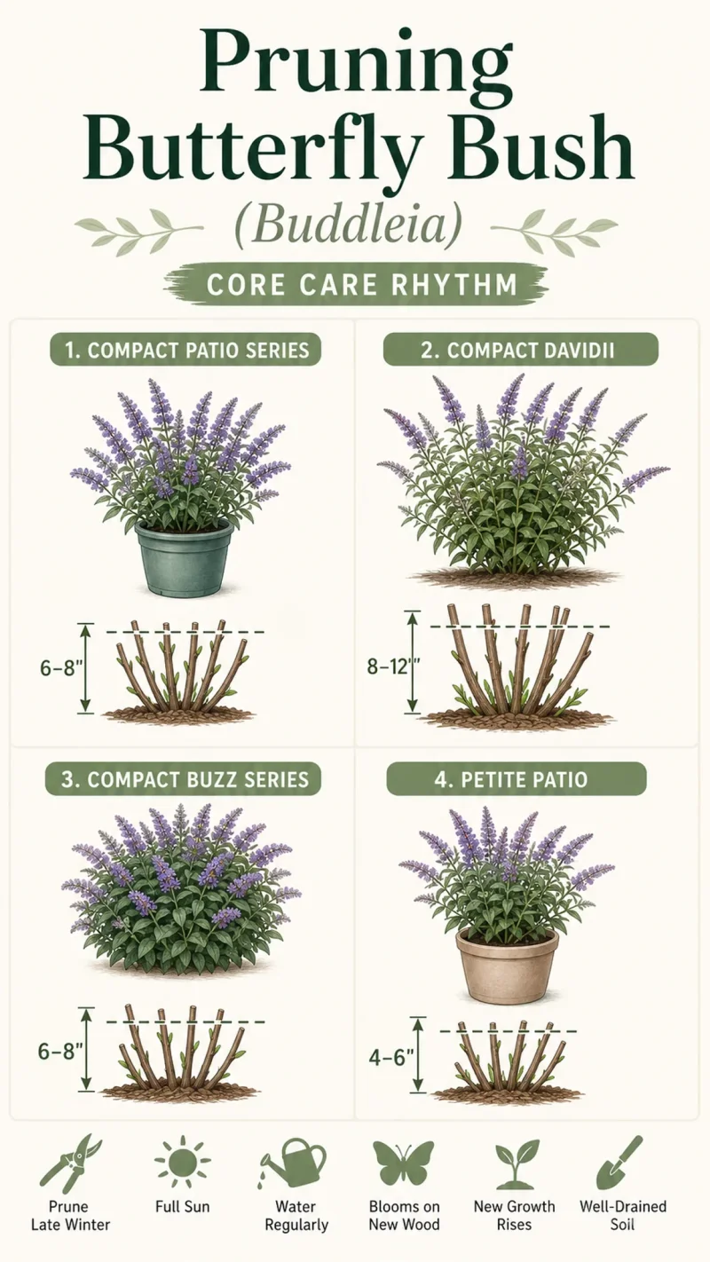 Pruning Butterfly Bush care summary diagram
