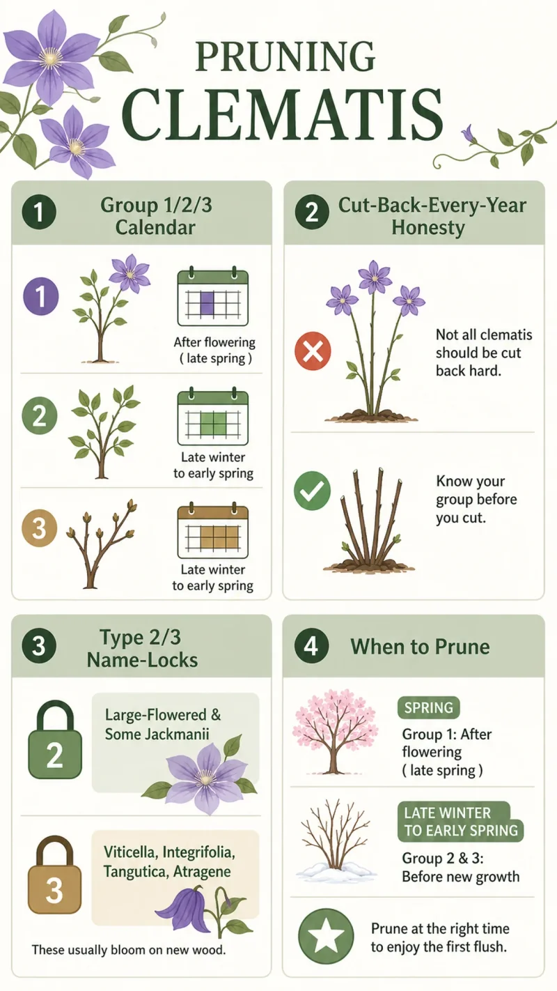 Pruning Clematis care summary diagram