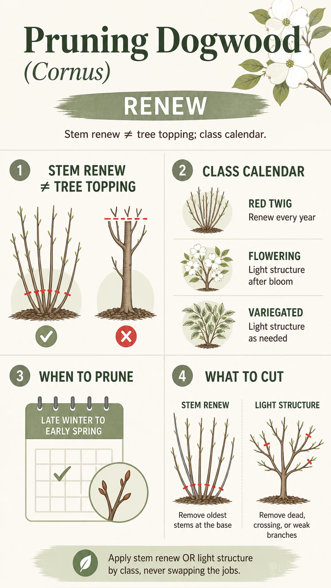 Pruning Dogwood care summary diagram