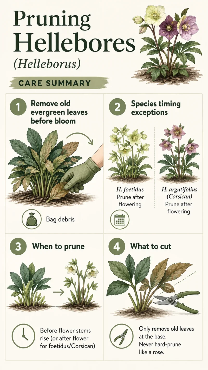 Pruning Hellebores care summary diagram