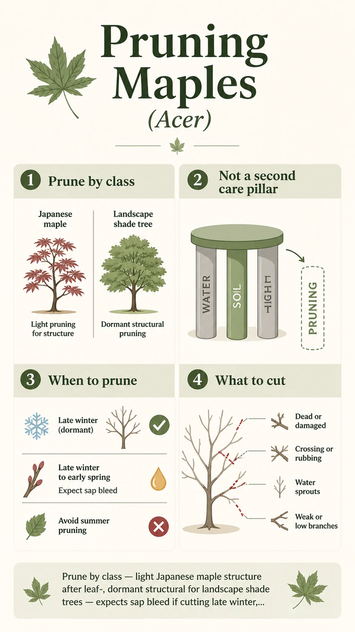 Pruning Maples care summary diagram
